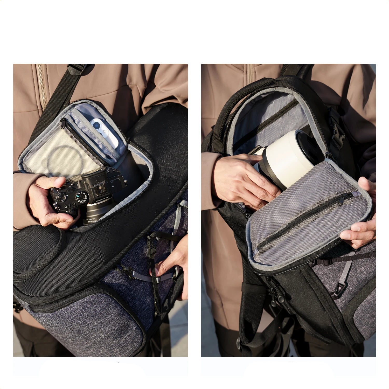 Mochila Fotográfica Impermeável com Acesso Frontal e Compartimentos