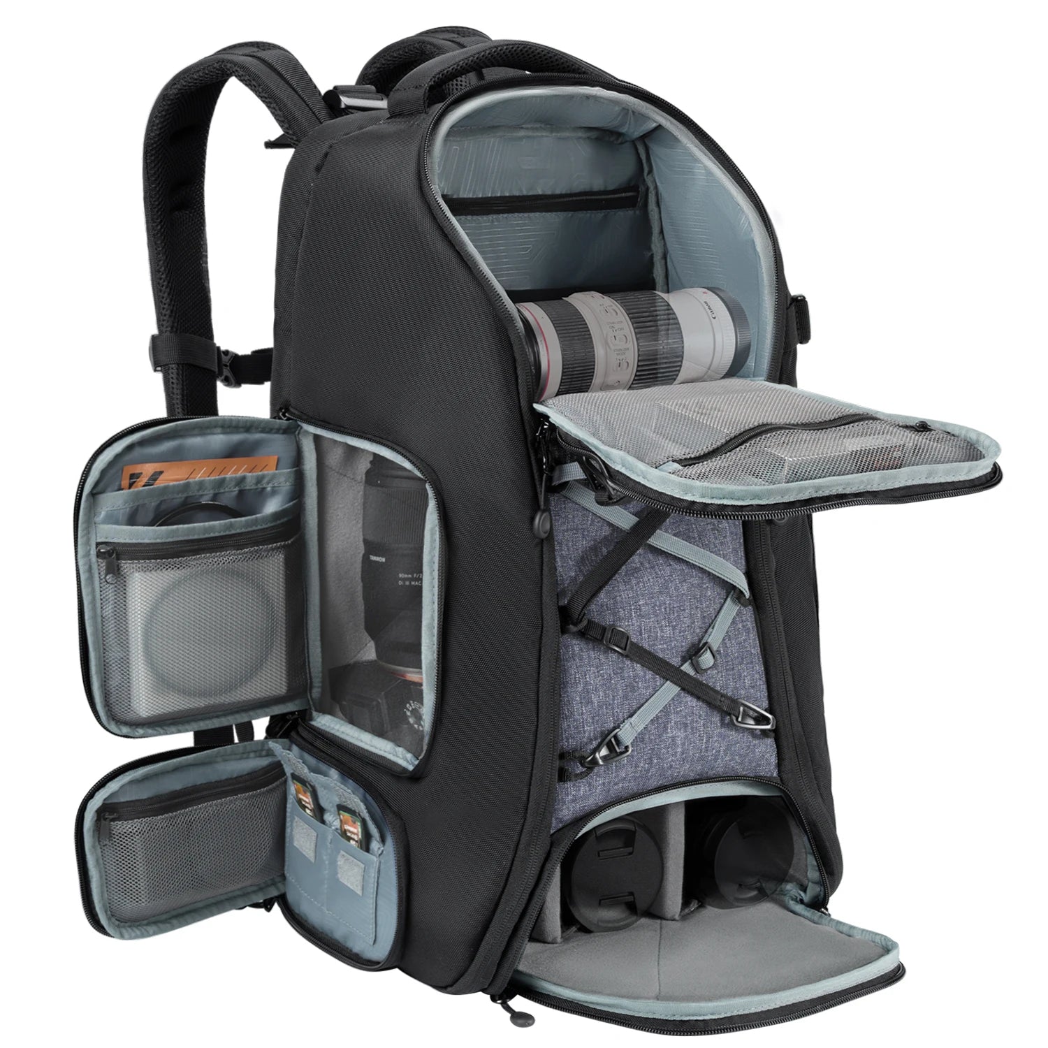 Mochila Fotográfica Impermeável com Acesso Frontal e Compartimentos