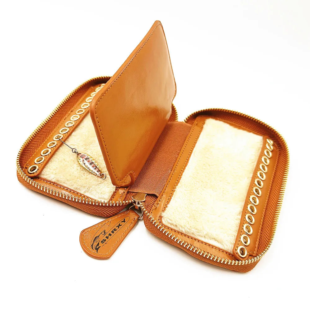 Bolsa de Couro com Feltro para Guardar Iscas e Anzóis de Pesca com Mosca