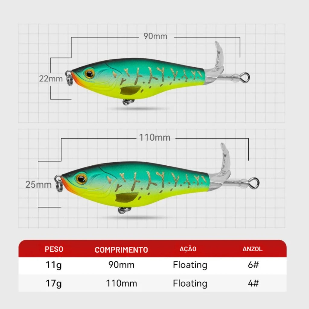 Isca Artificial Topwater com Cauda Rotativa - Águas Nobres