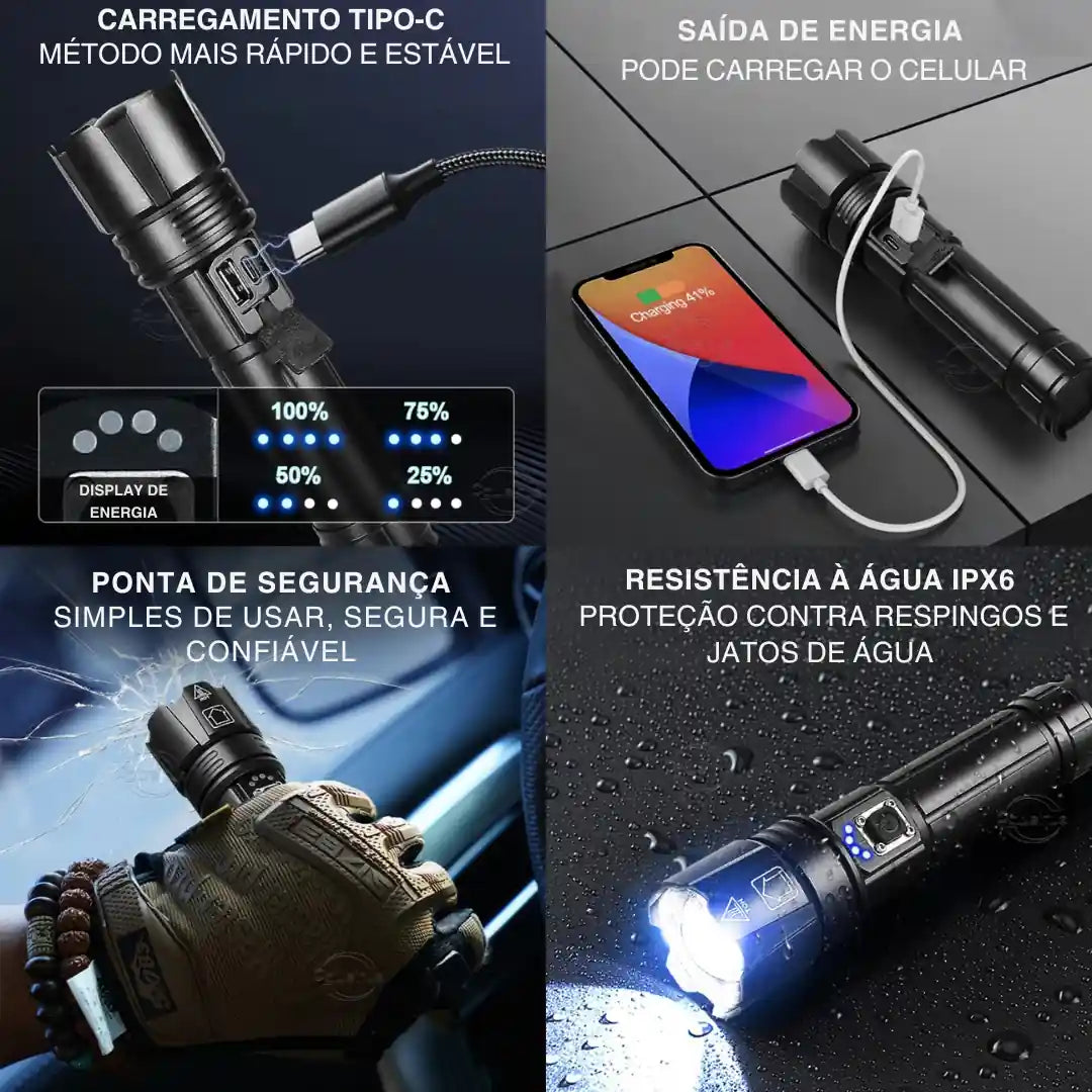 Lanterna LED Recarregável Ultra Potente com Zoom Ajustável