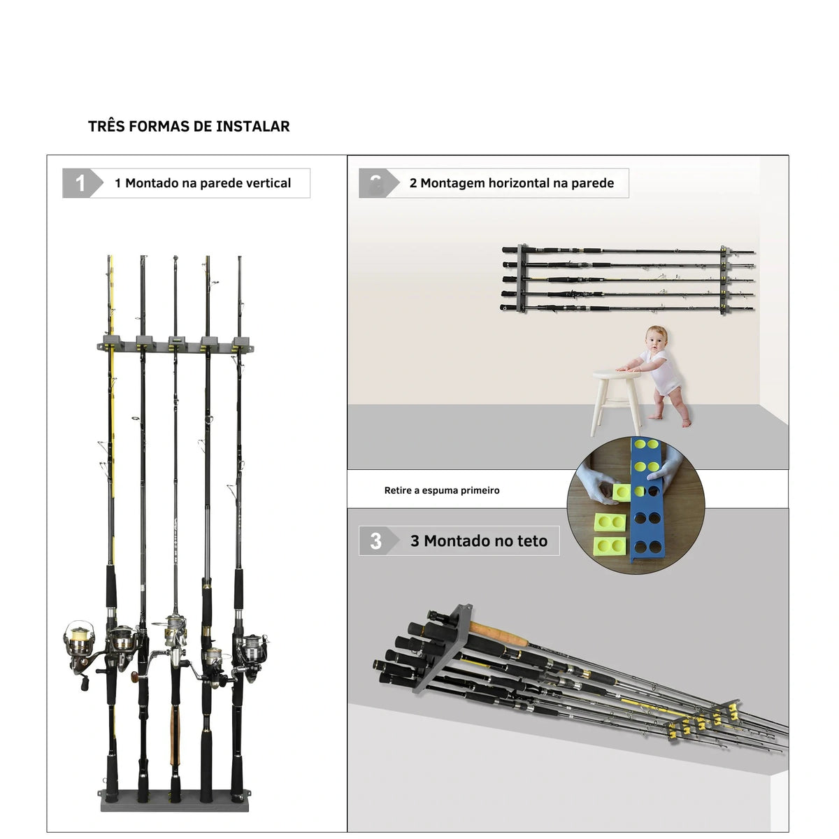 Suporte Vertical de Parede para Varas de Pesca - Águas Nobres