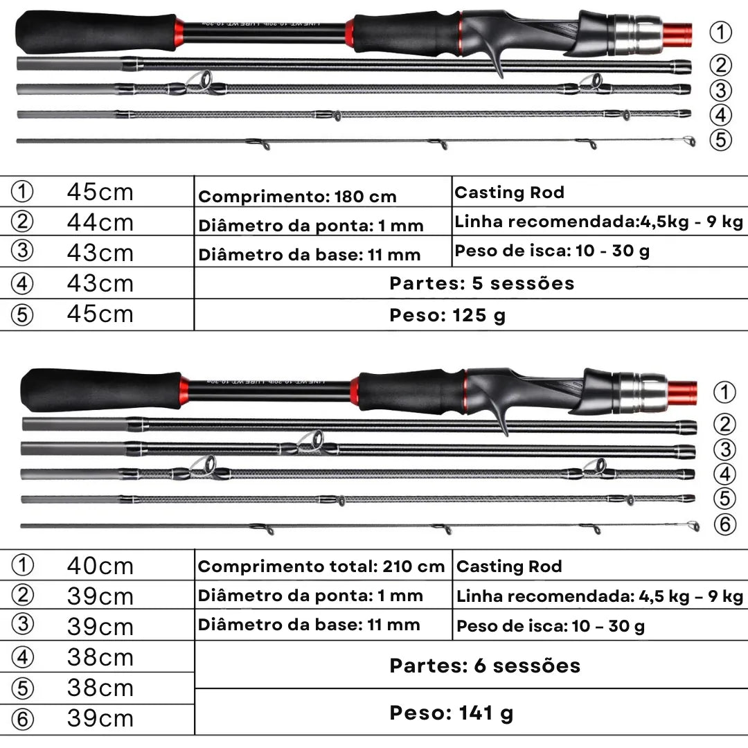 Vara de Pesca Fibra de Carbono Portátil Spinning e Casting