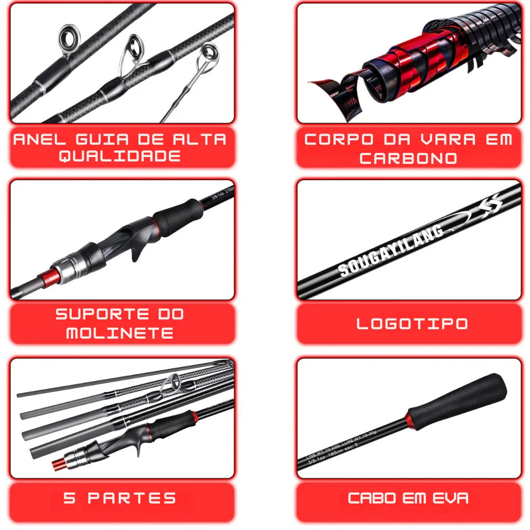 Vara de Pesca Fibra de Carbono Portátil Spinning e Casting