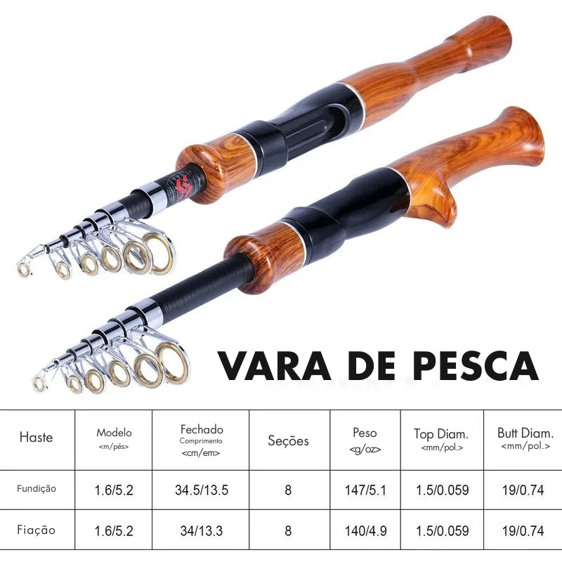 Vara de Pesca Telescópica Fibra de Carbono com Cabo de Cortiça