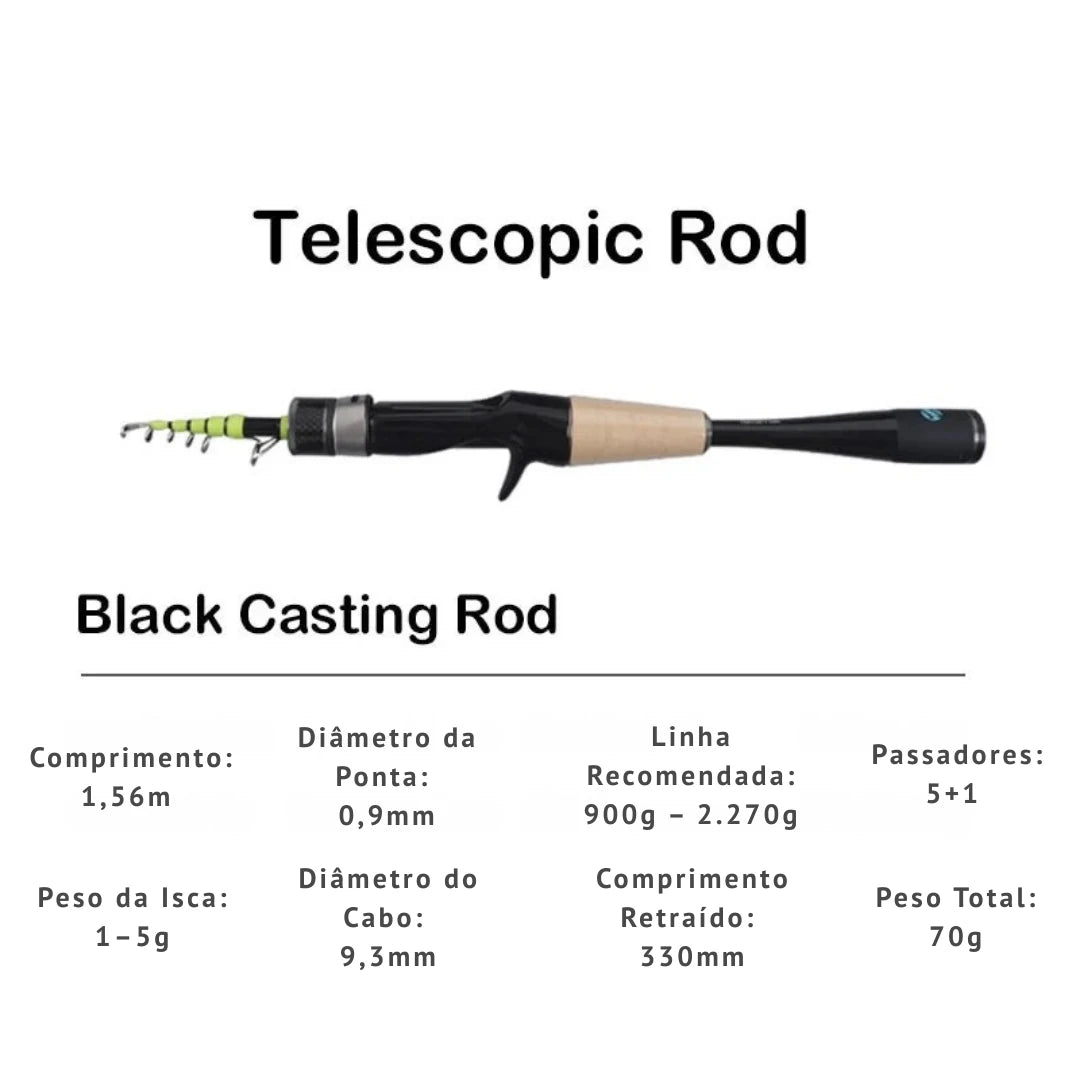 Vara de Pesca Telescópica em Carbono – Spinning e Casting