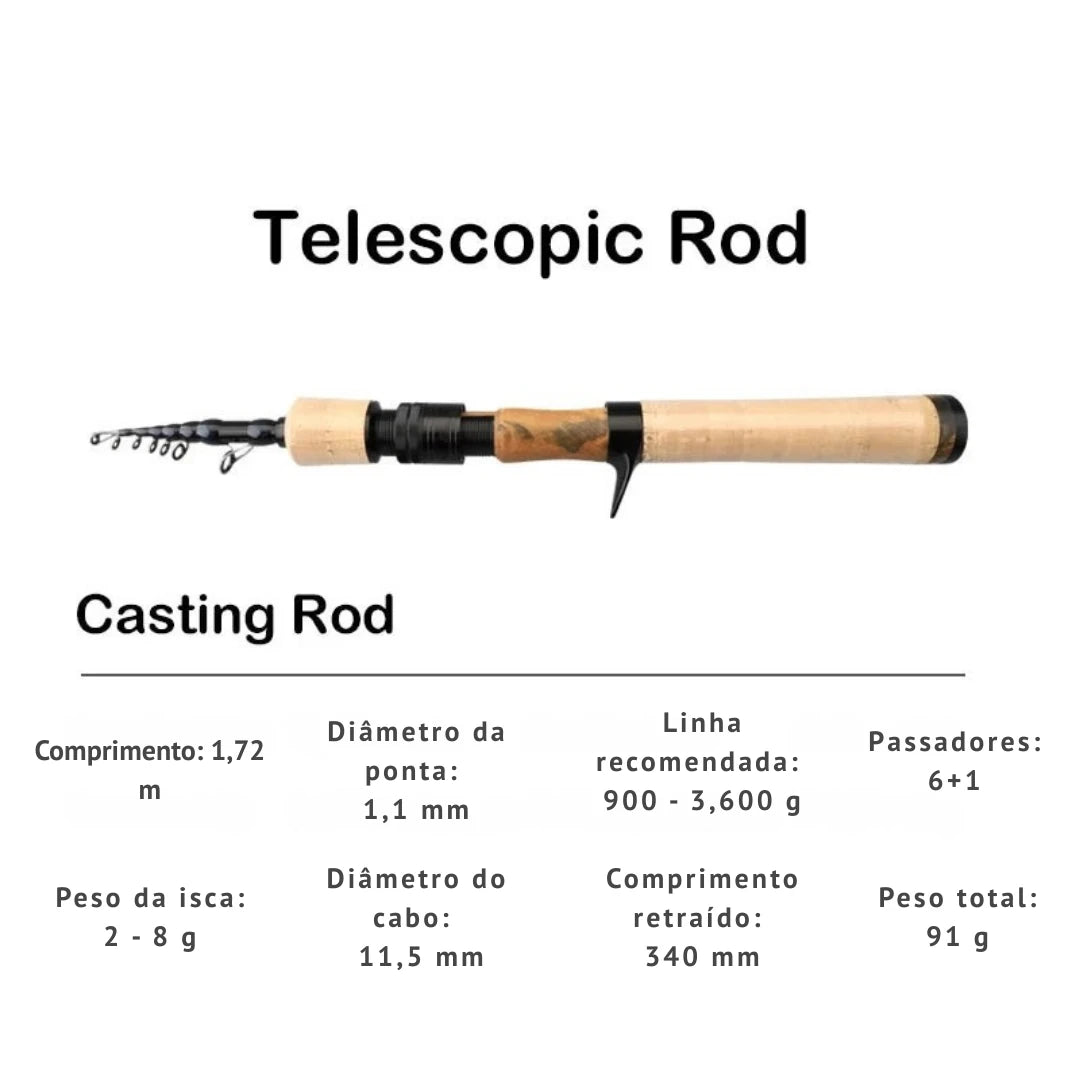 Vara de Pesca Telescópica em Carbono – Spinning e Casting