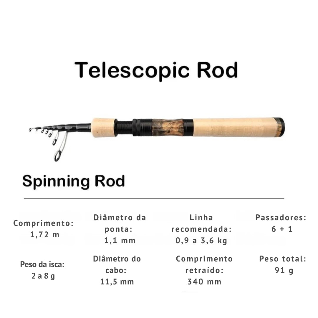 Vara de Pesca Telescópica em Carbono – Spinning e Casting